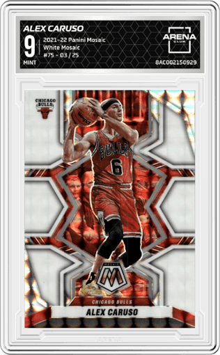 Alex Caruso from the 2021-22 Panini Mosaic  set featuring a White Mosaic parallel graded by Arena Club and given an overall grade of 9.
