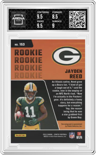 Jayden Reed from the 2023 Panini Zenith set featuring a Silver Artist Proof parallel graded by Arena Club and given an overall grade of 9.