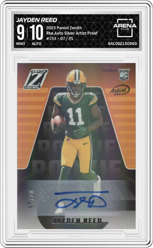 Jayden Reed from the 2023 Panini Zenith set featuring a Silver Artist Proof parallel graded by Arena Club and given an overall grade of 9.