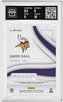 Jaren Hall from the 2023 Panini Immaculate Collection  set featuring a Gold parallel graded by Arena Club and given an overall grade of 9.