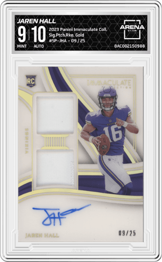 Jaren Hall from the 2023 Panini Immaculate Collection  set featuring a Gold parallel graded by Arena Club and given an overall grade of 9.
