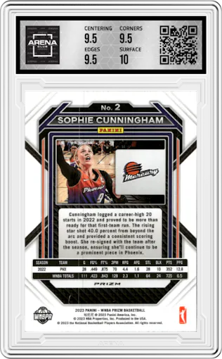 Sophie Cunningham from the 2023 Panini Prizm WNBA set featuring a Ice parallel graded by Arena Club and given an overall grade of 10.