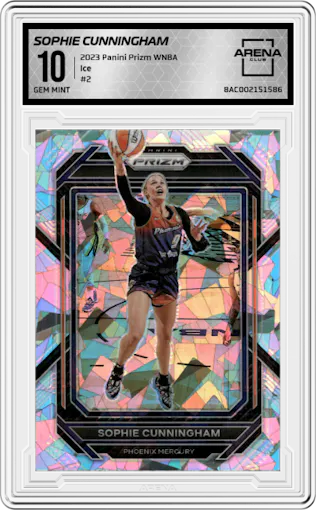 Sophie Cunningham from the 2023 Panini Prizm WNBA set featuring a Ice parallel graded by Arena Club and given an overall grade of 10.