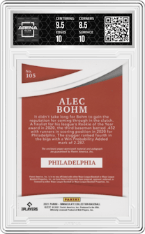 Alec Bohm from the 2021 Panini Immaculate Collection set featuring a Jersey Number parallel graded by Arena Club and given an overall grade of 9.