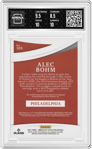 Alec Bohm from the 2021 Panini Immaculate Collection set featuring a Jersey Number parallel graded by Arena Club and given an overall grade of 9.