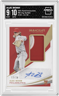 Alec Bohm from the 2021 Panini Immaculate Collection set featuring a Jersey Number parallel graded by Arena Club and given an overall grade of 9.