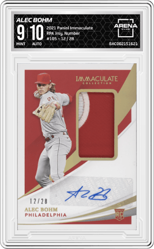 Alec Bohm from the 2021 Panini Immaculate Collection set featuring a Jersey Number parallel graded by Arena Club and given an overall grade of 9.