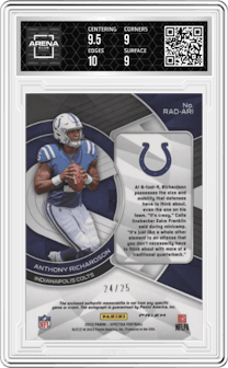 Anthony Richardson from the 2023 Panini Spectra set featuring a Neon Pink parallel graded by Arena Club and given an overall grade of 9.5.