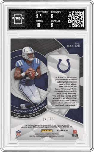 Anthony Richardson from the 2023 Panini Spectra set featuring a Neon Pink parallel graded by Arena Club and given an overall grade of 9.5.