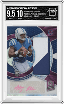Anthony Richardson from the 2023 Panini Spectra set featuring a Neon Pink parallel graded by Arena Club and given an overall grade of 9.5.