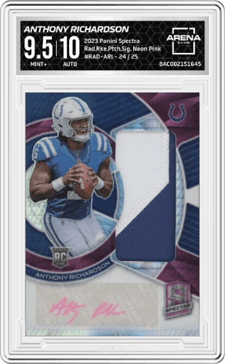 Anthony Richardson from the 2023 Panini Spectra set featuring a Neon Pink parallel graded by Arena Club and given an overall grade of 9.5.