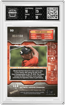 Tiger Woods from the 2021 Skybox Metal Universe Champions set featuring a Red PMG parallel graded by Arena Club and given an overall grade of 7.5.