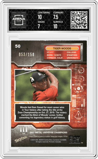 Tiger Woods from the 2021 Skybox Metal Universe Champions set featuring a Red PMG parallel graded by Arena Club and given an overall grade of 7.5.