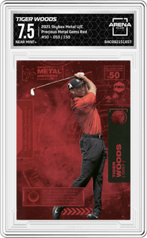 Tiger Woods from the 2021 Skybox Metal Universe Champions set featuring a Red PMG parallel graded by Arena Club and given an overall grade of 7.5.