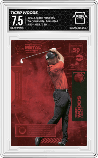 Tiger Woods from the 2021 Skybox Metal Universe Champions set featuring a Red PMG parallel graded by Arena Club and given an overall grade of 7.5.