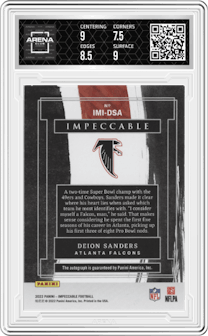 Deion Sanders from the 2022 Panini Impeccable set graded by Arena Club and given an overall grade of 8.