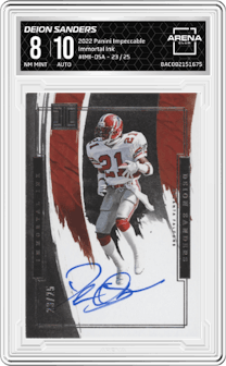 Deion Sanders from the 2022 Panini Impeccable set graded by Arena Club and given an overall grade of 8.