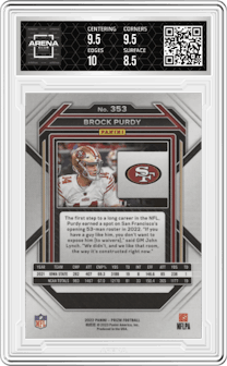 Brock Purdy from the 2022 Panini Prizm set graded by Arena Club and given an overall grade of 9.