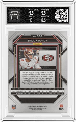 Brock Purdy from the 2022 Panini Prizm set graded by Arena Club and given an overall grade of 9.