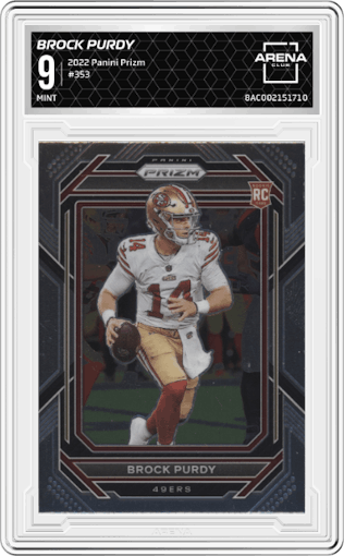Brock Purdy from the 2022 Panini Prizm set graded by Arena Club and given an overall grade of 9.
