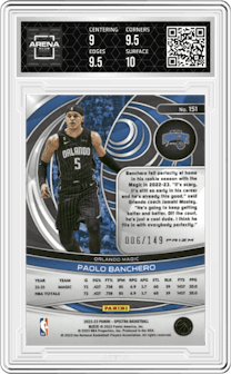 Paolo Banchero from the 2022-23 Panini Spectra set featuring a Celestial  parallel graded by Arena Club and given an overall grade of 9.5.
