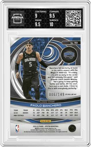 Paolo Banchero from the 2022-23 Panini Spectra set featuring a Celestial  parallel graded by Arena Club and given an overall grade of 9.5.