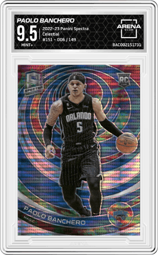 Paolo Banchero from the 2022-23 Panini Spectra set featuring a Celestial  parallel graded by Arena Club and given an overall grade of 9.5.