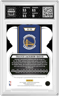 Trayce Jackson-Davis from the 2023-24 Panini Crown Royale  set featuring a Blue parallel graded by Arena Club and given an overall grade of 9.
