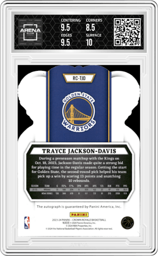 Trayce Jackson-Davis from the 2023-24 Panini Crown Royale  set featuring a Blue parallel graded by Arena Club and given an overall grade of 9.
