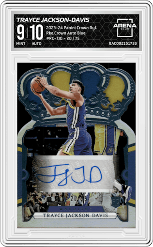 Trayce Jackson-Davis from the 2023-24 Panini Crown Royale  set featuring a Blue parallel graded by Arena Club and given an overall grade of 9.