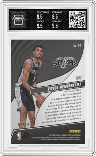 Victor Wembanyama from the 2023-24 Panini Revolution set featuring a Cubic parallel graded by Arena Club and given an overall grade of 9.