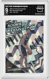 Victor Wembanyama from the 2023-24 Panini Revolution set featuring a Cubic parallel graded by Arena Club and given an overall grade of 9.