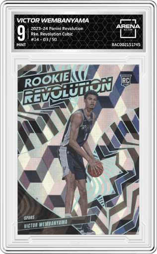 Victor Wembanyama from the 2023-24 Panini Revolution set featuring a Cubic parallel graded by Arena Club and given an overall grade of 9.