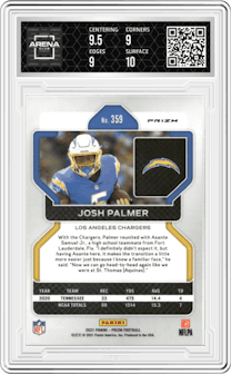 Josh Palmer from the 2021 Panini Prizm set featuring a Snakeskin parallel graded by Arena Club and given an overall grade of 9.5.