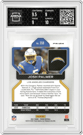 Josh Palmer from the 2021 Panini Prizm set featuring a Snakeskin parallel graded by Arena Club and given an overall grade of 9.5.