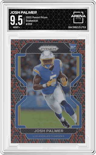 Josh Palmer from the 2021 Panini Prizm set featuring a Snakeskin parallel graded by Arena Club and given an overall grade of 9.5.