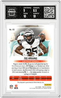 Tee Higgins from the 2023 Panini Prestige set featuring a Blue parallel graded by Arena Club and given an overall grade of 9.