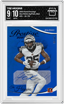 Tee Higgins from the 2023 Panini Prestige set featuring a Blue parallel graded by Arena Club and given an overall grade of 9.