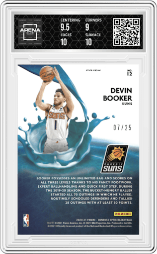 Devin Booker from the 2020-21 Panini Donruss Optic set featuring a Pink parallel graded by Arena Club and given an overall grade of 9.5.