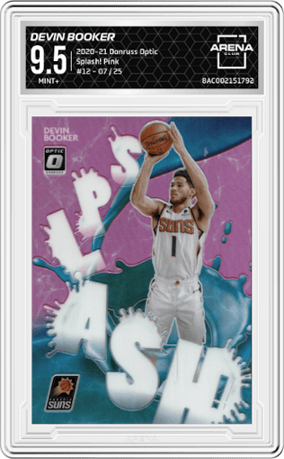 Devin Booker from the 2020-21 Panini Donruss Optic set featuring a Pink parallel graded by Arena Club and given an overall grade of 9.5.