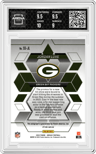 Jordan Love from the 2023 Panini Mosaic set graded by Arena Club and given an overall grade of 9.5.