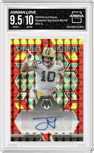 Jordan Love from the 2023 Panini Mosaic set graded by Arena Club and given an overall grade of 9.5.