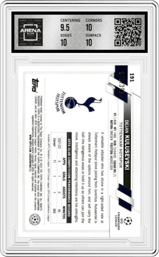 Dejan Kulusevski from the 2022-23 Topps Chrome UEFA Club Competitions set featuring a Neon Green Shimmer Refractor parallel graded by Arena Club and given an overall grade of 10.