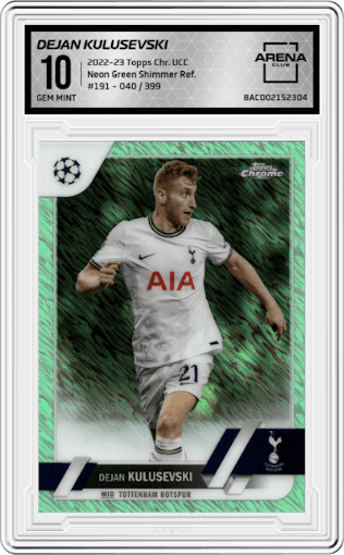 Dejan Kulusevski from the 2022-23 Topps Chrome UEFA Club Competitions set featuring a Neon Green Shimmer Refractor parallel graded by Arena Club and given an overall grade of 10.