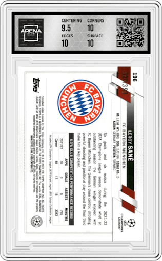 Leroy Sane from the 2022-23 Topps Chrome UEFA Club Competitions set featuring a Neon Green Shimmer Refractor parallel graded by Arena Club and given an overall grade of 10.