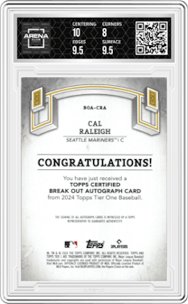 Cal Raleigh from the 2024 Topps Tier One  set featuring a Blue Foil parallel graded by Arena Club and given an overall grade of 8.5.