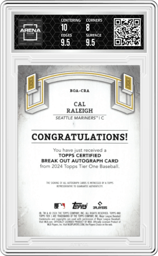 Cal Raleigh from the 2024 Topps Tier One  set featuring a Blue Foil parallel graded by Arena Club and given an overall grade of 8.5.