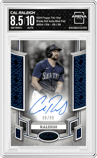 Cal Raleigh from the 2024 Topps Tier One  set featuring a Blue Foil parallel graded by Arena Club and given an overall grade of 8.5.
