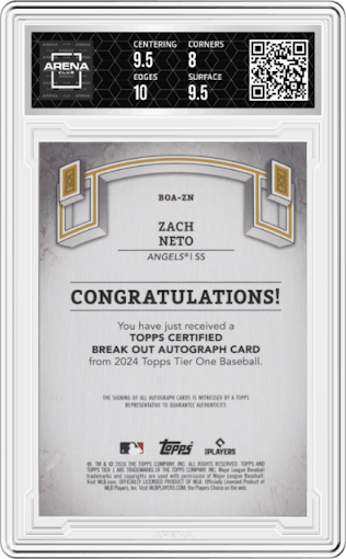 Zach Neto from the 2024 Topps Tier One  set graded by Arena Club and given an overall grade of 8.5.