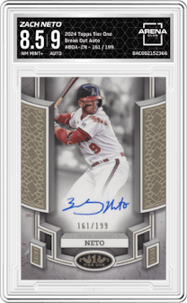 Zach Neto from the 2024 Topps Tier One  set graded by Arena Club and given an overall grade of 8.5.